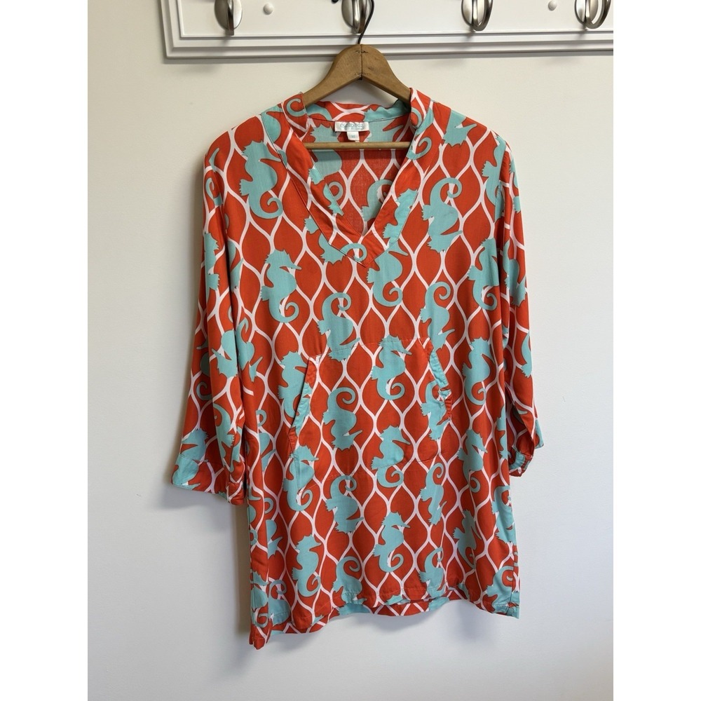 Escapada Seahorse Tunic Top M Resort wear Beach Cruise Coastal‎ Preppy 0374